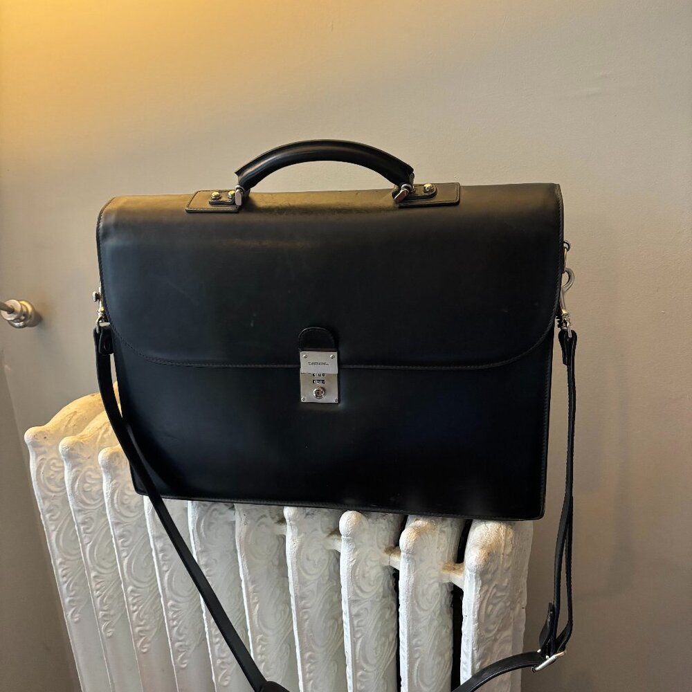 T. Anthony Black Leather Briefcase with Removable Strap and Lock